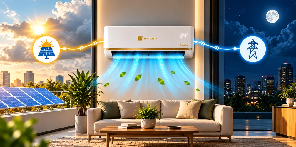 Neoterra solar AC operating with solar power during cloudy weather and grid power at night